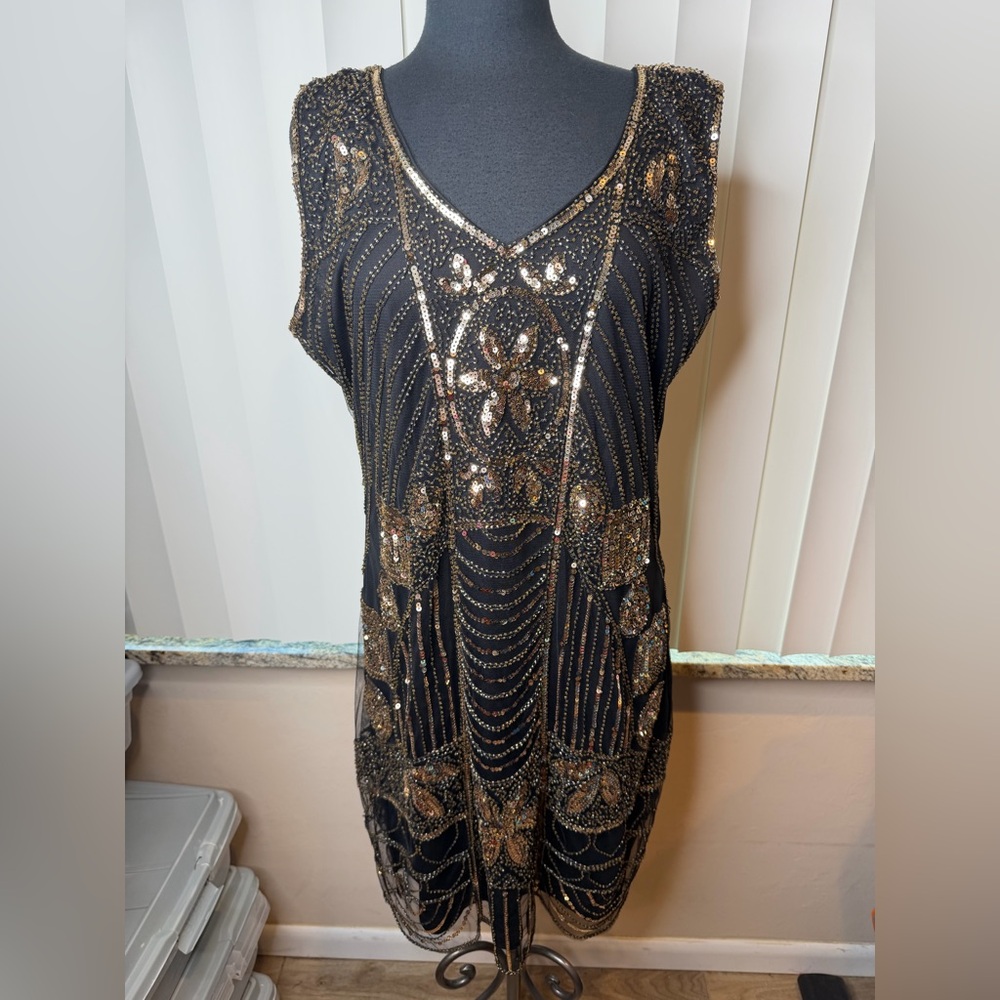 Pretty Guide Black Gold Sequin Beaded V-Neck Flapper Style Dress Size 3XL